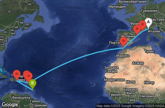 Маршрут на круиз 19 дни Италия, Франция, Испания, Мароко, Антигуа и Барбуда, Нидерландски Антили, Сейнт Китс и Невис, Доминиканска република, Барбадос - UYHV