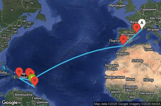 Маршрут на круиз 19 дни Франция, Испания, Мароко, Антигуа и Барбуда, Нидерландски Антили, Сейнт Китс и Невис, Доминиканска република, Барбадос, Мартиника - UYHY