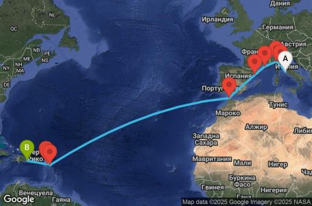 Маршрут на круиз 18 дни Италия, Франция, Испания, Мароко, Антигуа и Барбуда, Нидерландски Антили, Сейнт Китс и Невис, Доминиканска република - UYI1
