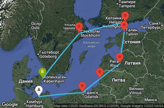 Маршрут на круиз 9 дни Германия, Полша, Литва, Латвия, Естония, Финландия, Швеция, Дания - UYCW