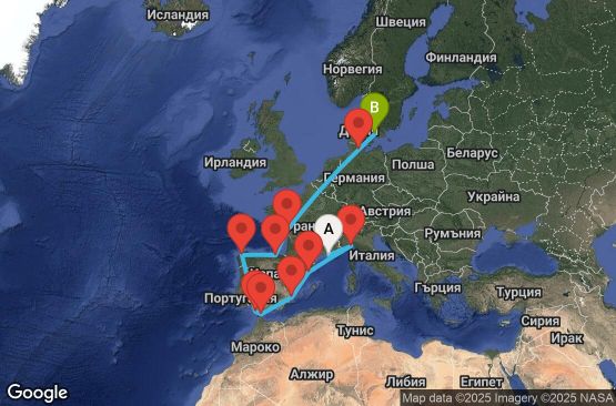 Маршрут на круиз 14 дни Франция, Италия, Испания, Гибралтар, Германия, Дания - UYH1