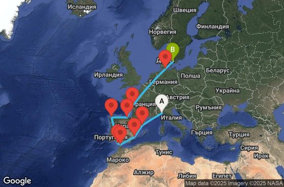 Маршрут на круиз 13 дни Италия, Испания, Гибралтар, Франция, Германия, Дания - UYH3