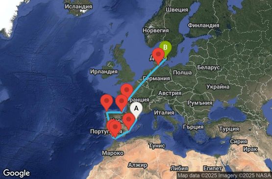 Маршрут на круиз 11 дни Испания, Гибралтар, Франция, Германия, Дания - UYAN