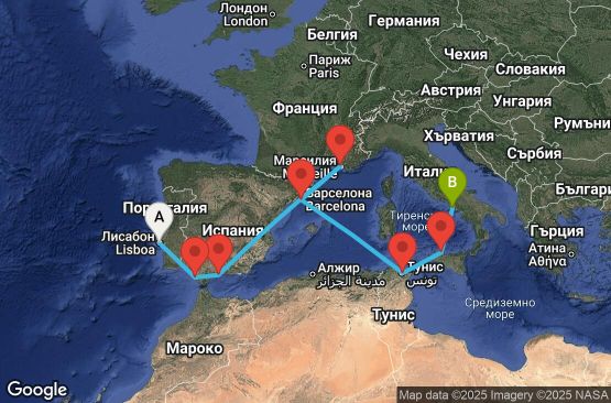 Маршрут на круиз 10 дни Португалия, Испания, Франция, Тунис, Италия - UYJ6