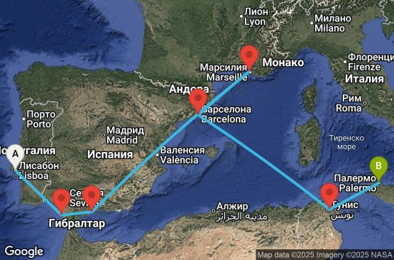 Маршрут на круиз 9 дни Португалия, Испания, Франция, Тунис, Италия - UYJ7