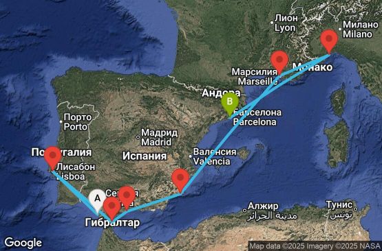 Маршрут на круиз 10 дни Испания, Португалия, Гибралтар, Франция - Италия - CAD10A02